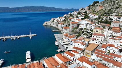 Fototapeta na wymiar Aerial drone photo of picturesque and historic main village of Hydra or Ydra island well know for captain's mansions and marine tradition, Saronic gulf, Greece