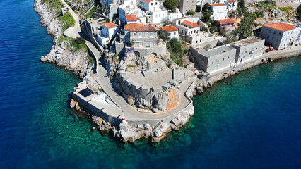 Aerial drone photo of picturesque and historic main village of Hydra or Ydra island well know for...