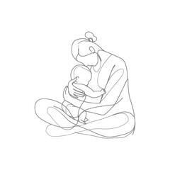 One continuous line drawing of mother holding baby black color only