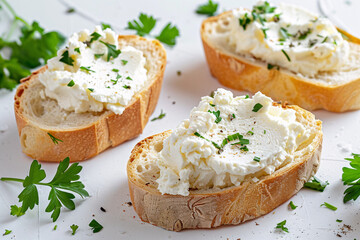 Slices of bread with cream cheese and herbs - obrazy, fototapety, plakaty