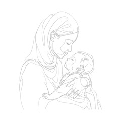One continuous line drawing of mother holding baby black color only