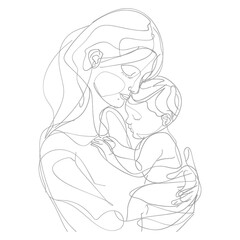 One continuous line drawing of mother holding baby black color only