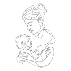 One continuous line drawing of mother holding baby black color only