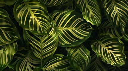 Calathea Zebrina leaves, captured in high definition, highlighting their unique patterns and textures under soft natural lighting, showcasing the plant's intricate details and captivating allure.