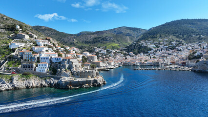 Aerial drone photo of picturesque and historic main village of Hydra or Ydra island well know for captain's mansions and marine tradition, Saronic gulf, Greece