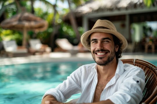 A relaxed man with a straw hat smiles casually while lounging by a tropical pool