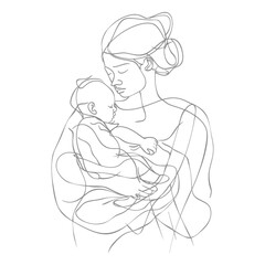 One continuous line drawing of mother holding baby black color only