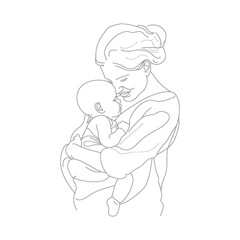 One continuous line drawing of mother holding baby black color only