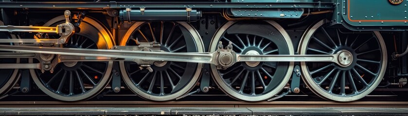 Fototapeta premium Close-up details of a vintage locomotive's wheels and mechanics