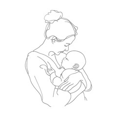 One continuous line drawing of mother holding baby black color only