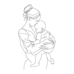 Fototapeta na wymiar One continuous line drawing of mother holding baby black color only
