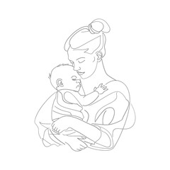 One continuous line drawing of mother holding baby black color only