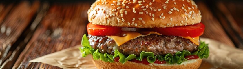 Close-up of a juicy cheeseburger with fresh lettuce and tomato