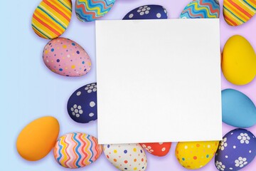 Multi-colored fresh Easter eggs with blank card