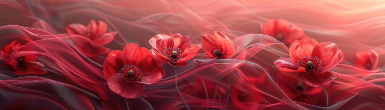 Digital artwork depicting soft red flowers with a flowing, dreamy aesthetic