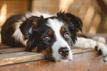 Close-up of a Border Collie lying down, looking pensive and calm