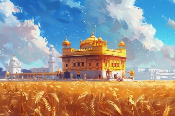 Immerse yourself in the festive spirit with a Baisakhi card featuring a picturesque wheat field and the revered Golden Temple. This visual masterpiece encapsulates the essence of the festival - obrazy, fototapety, plakaty