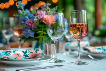 A table with delicate flowers, candles and silver, a luxurious dining set for a wedding reception.