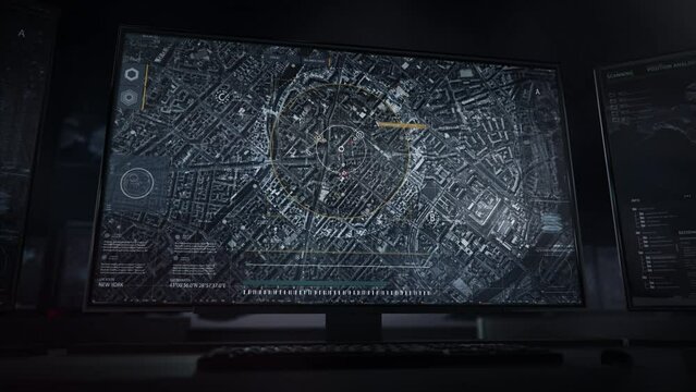 Radar Scanning Detailed Map Of City Displayed On Computer Screen. Surveillance To Get Data For Army Forces. Army Uses Modern Technologies To Track Terrorist Actions. Army Gets Access To Satellites.