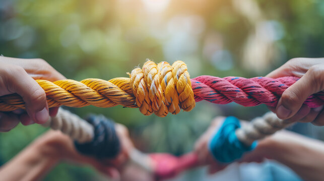multi-colored ropes with knots that pull human hands in different directions
