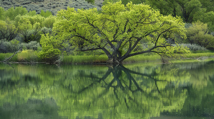 Eastern Cottonwood tree reflected in the calm waters of a tranquil lake, its verdant branches reaching towards the sky, mirroring the natural splendor of the surrounding landscape. - obrazy, fototapety, plakaty