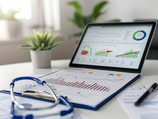 A stethoscope rests on a desk next to a laptop and a clipboard with graphs and charts on it.