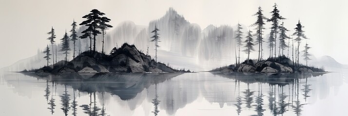 Islands with trees on lake landscape. Monochrome eastern nature with mountains covered with fog and thickets of trees on shore of river
