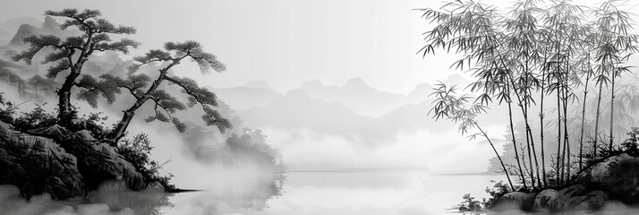 Monochrome river coast with bamboo landscape. Eastern nature with mountains covered with fog and thickets of trees on shore of lake in chinese and japanese style