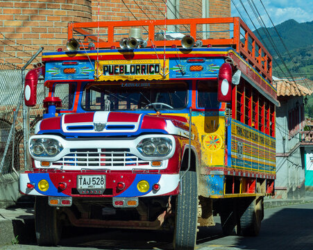 Jeric&oacute;, Antioquia, Colombia, January 03 2023 : Picture of a chiva in Jerico, colorful traditional rural bus in Colombia.
