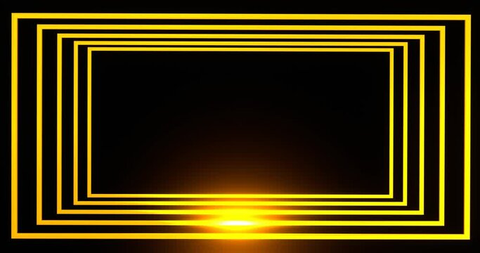 Digital geometric frame with glowing gold line. Golden rectangle illuminated by 3d luminous line moving along perimeter for electric led shows