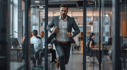 handsome 40-year-old man dressed in office suit, comes running out of office door under the stunned eyes of colleagues sitting at their desks, atmosphere of rebellion and growth, modern luxury office
