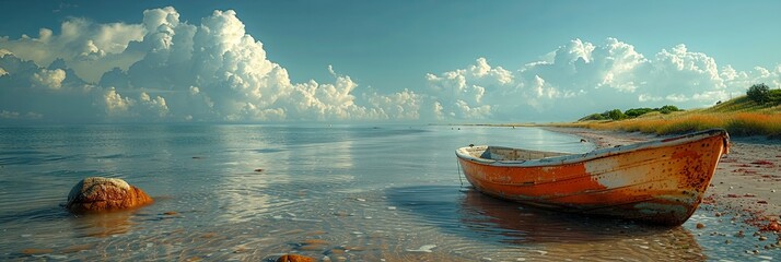 Sea shore with old boat background. An old rusty fishing boat in water on sand with grassy beach and clouds on horizon