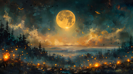 Radiant Nocturne: Artistic Oil Painting of Moonlit Fireflies and Butterflies