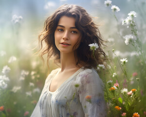 A modern girl in the flowers field is standing and posing. Fogy and mystical background.	