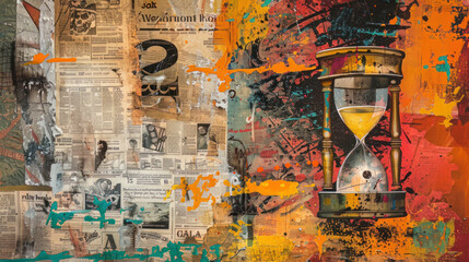 Hourglass on a vibrant backdrop featuring a patchwork of newspaper clippings and doodles. Textured and torn effects add a unique touch.