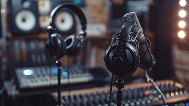 Microphones and headphones used in radio stations for communication and entertainment purposes.