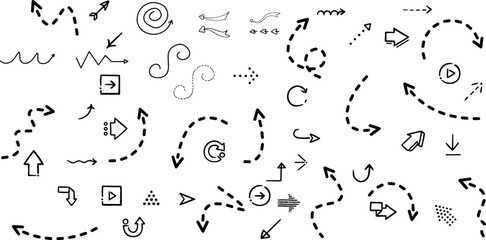 Clean dot style hand drawn doodle arrows set. Clean dot arrows style doodle set hand drawn. Curve Dotted line, preliminary