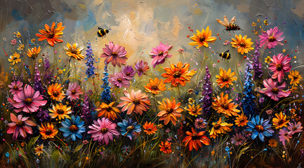 Obraz na płótnie Canvas Fluttering Harmony: Oil Painting Capturing Bees and Butterflies Pollinating in Breezy Garden