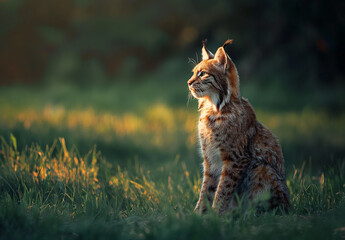 The soft glow of sunset highlights the thoughtful gaze of a lynx sitting amidst the tall grasses of a lush meadow, a moment of wild beauty captured in time.