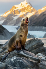 A seal stretches gracefully, basking on a rock with the soft glow of a sunset behind, snow-capped mountains towering in the distance, evoking a serene end to the day in a wild, natural setting.