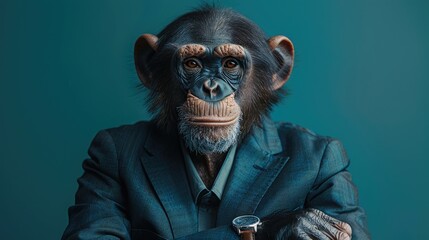 A businessman with a monkey's head in a business suit and tie, wearing glasses on a blurred background. Wolf character, association with strong qualities of a businessman. High quality photo