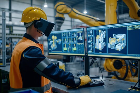 Robot arm automation in smart factories is monitored and managed in real time by the engineer manager, who also oversees digital manufacturing processes, robot welding, and system software.