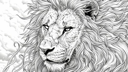 Animals: A coloring book page featuring a majestic lion
