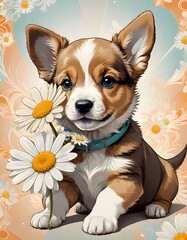 Cute puppy with an endearing gaze, set against a floral backdrop with daisies, evoking a sense of joy and innocence, generated with AI.