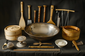 Oriental Kitchen Tools: The Essence of Qi Culinary Art Featuring Wok, Bamboo Steamers, Cleavers and More