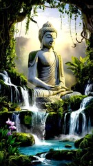 Buddha Meditatingat the heart of a cascading waterfall