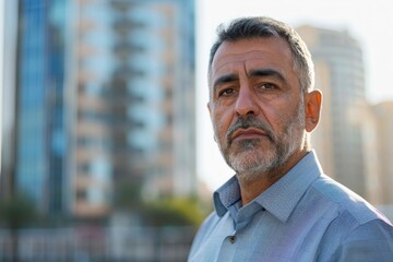 Naklejka premium Mature, grey-haired man with a contemplative expression against an urban landscape