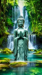 Buddha Statue Meditating by Waterfallm calmness and serenity