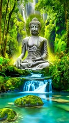 Buddha Statue Meditating in lush green Forest