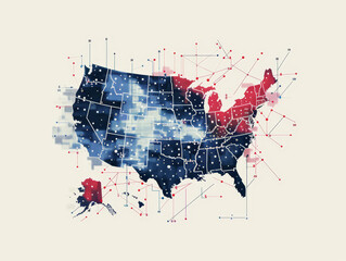 A watercolor painting of the United States with red and blue dots connected by lines.